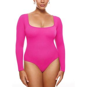 imageINLYRIC Womens Long Sleeve Sleeveless Scoop Square Neck Bodysuit Ribbed Tank Tops Slimming Body Suits JumpsuitsHot Pink