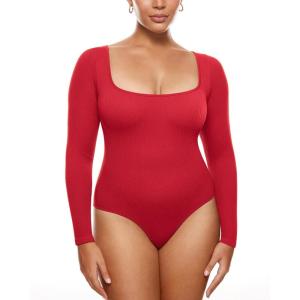 imageINLYRIC Womens Long Sleeve Sleeveless Scoop Square Neck Bodysuit Ribbed Tank Tops Slimming Body Suits JumpsuitsLipstick Red