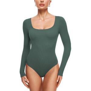 imageINLYRIC Womens Long Sleeve Sleeveless Scoop Square Neck Bodysuit Ribbed Tank Tops Slimming Body Suits JumpsuitsMidnight Emerald