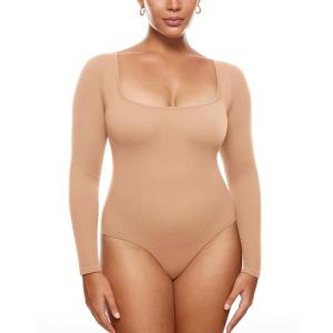 imageINLYRIC Womens Long Sleeve Sleeveless Scoop Square Neck Bodysuit Ribbed Tank Tops Slimming Body Suits JumpsuitsNatural