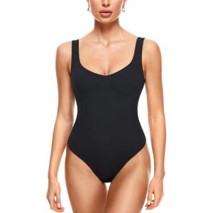 imageINLYRIC Womens Natrelax Sexy V Neck Bodysuit Double Lined Slimming Sleeveless Tank Tops Bodysuits for Going OutBlack