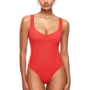 imageINLYRIC Womens Natrelax Sexy V Neck Bodysuit Double Lined Slimming Sleeveless Tank Tops Bodysuits for Going OutDark Red