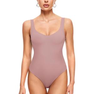 imageINLYRIC Womens Natrelax Sexy V Neck Bodysuit Double Lined Slimming Sleeveless Tank Tops Bodysuits for Going OutRose Fragrant Purple