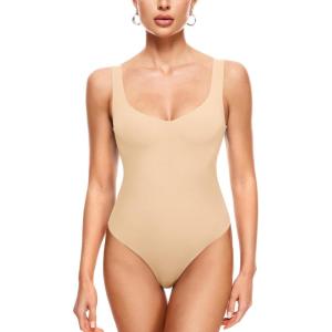 imageINLYRIC Womens Natrelax Sexy V Neck Bodysuit Double Lined Slimming Sleeveless Tank Tops Bodysuits for Going OutTan Milkshake