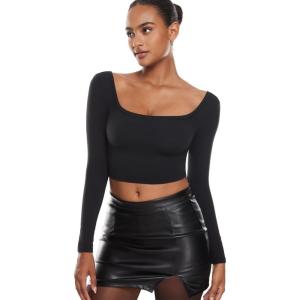 imageINLYRIC Womens Natrelax Square Neck Long Sleeve Crop Top Sexy Slim Fitted Basic Stretchy T Shirts TopsBlack