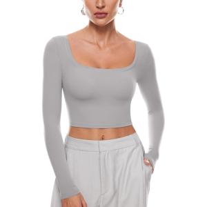 imageINLYRIC Womens Natrelax Square Neck Long Sleeve Crop Top Sexy Slim Fitted Basic Stretchy T Shirts TopsGull Gray