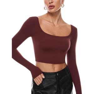 imageINLYRIC Womens Natrelax Square Neck Long Sleeve Crop Top Sexy Slim Fitted Basic Stretchy T Shirts TopsNoctilucence Red