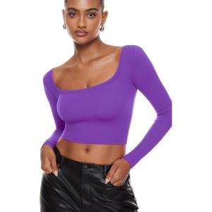 imageINLYRIC Womens Natrelax Square Neck Long Sleeve Crop Top Sexy Slim Fitted Basic Stretchy T Shirts TopsRoyal Lilac