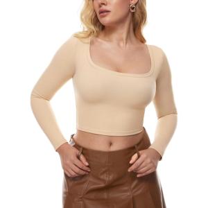 imageINLYRIC Womens Natrelax Square Neck Long Sleeve Crop Top Sexy Slim Fitted Basic Stretchy T Shirts TopsTan Milkshake