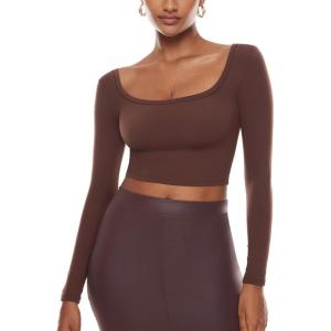 imageINLYRIC Womens Natrelax Square Neck Long Sleeve Crop Top Sexy Slim Fitted Basic Stretchy T Shirts TopsTaupe