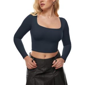 imageINLYRIC Womens Natrelax Square Neck Long Sleeve Crop Top Sexy Slim Fitted Basic Stretchy T Shirts TopsTwilight Blue