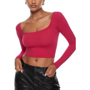 imageINLYRIC Womens Natrelax Square Neck Long Sleeve Crop Top Sexy Slim Fitted Basic Stretchy T Shirts TopsViva Magenta