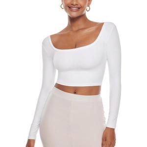 imageINLYRIC Womens Natrelax Square Neck Long Sleeve Crop Top Sexy Slim Fitted Basic Stretchy T Shirts TopsWhite
