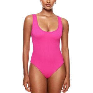 imageINLYRIC Womens Scoop Square Neck Sleeveless Bodysuit Ribbed Long Sleeve Tank Tops Slimming Body Suits JumpsuitsHot Pink