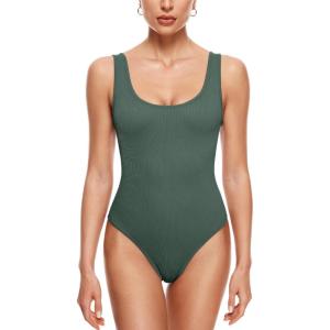 imageINLYRIC Womens Scoop Square Neck Sleeveless Bodysuit Ribbed Long Sleeve Tank Tops Slimming Body Suits JumpsuitsMidnight Emerald
