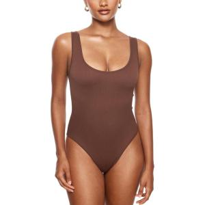 imageINLYRIC Womens Scoop Square Neck Sleeveless Bodysuit Ribbed Long Sleeve Tank Tops Slimming Body Suits JumpsuitsPinecone