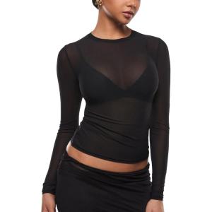 imageINLYRIC Womens Cosnufy Mesh Sheer Long Sleeve Tops See Through Crew Neck Going Out Tops Trendy Sexy ShirtsBlack