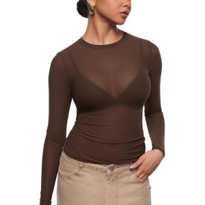 imageINLYRIC Womens Cosnufy Mesh Sheer Long Sleeve Tops See Through Crew Neck Going Out Tops Trendy Sexy ShirtsHazelnut
