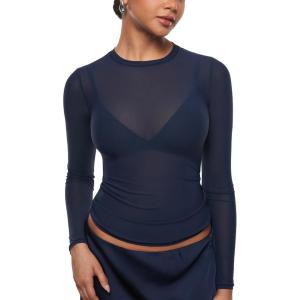 imageINLYRIC Womens Cosnufy Mesh Sheer Long Sleeve Tops See Through Crew Neck Going Out Tops Trendy Sexy ShirtsTwilight Blue