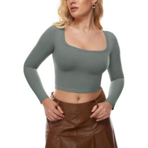 imageINLYRIC Womens Natrelax Square Neck Long Sleeve Crop Top Sexy Slim Fitted Basic Stretchy T Shirts TopsGrey Sage