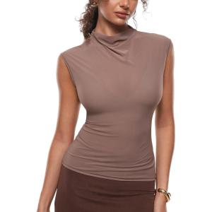 imageINLYRIC Womens Cosnufy Mesh Sheer Mock Turtle Neck Tank Tops See Through Sleeveless Sexy Summer Going Out TopsBrown Purple