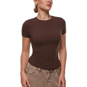 imageINLYRIC Womens Inbarely Ultra Short Sleeve Tops Crew Neck Double Lined Slim Going Out Fit T Shirts Summer Basic TopHazelnut