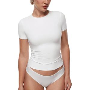 imageINLYRIC Womens Inbarely Ultra Short Sleeve Tops Crew Neck Double Lined Slim Going Out Fit T Shirts Summer Basic TopSnow White