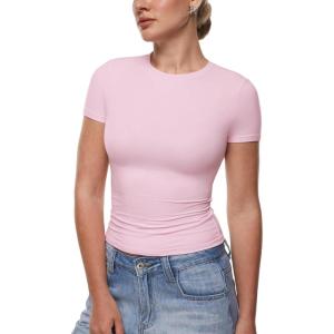 imageINLYRIC Womens Inbarely Ultra Short Sleeve Tops Crew Neck Double Lined Slim Going Out Fit T Shirts Summer Basic TopSweet Pink