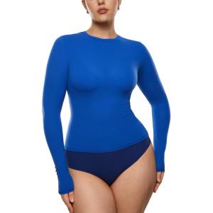 imageINLYRIC Womens Long Sleeve TShirts Crew Neck Basic Fitted Slim Crop Tops Going Out Trendy Tops Spring TeesAzure Blue