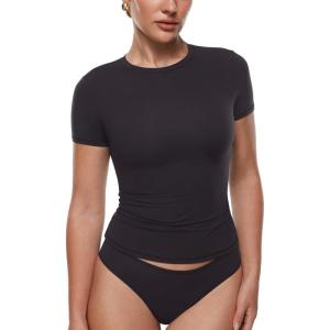 imageINLYRIC Womens Inbarely Ultra Short Sleeve Tops Crew Neck Double Lined Going Out Slim Fit T Shirts Summer Basic TeesBlack