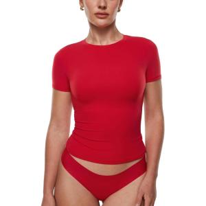 imageINLYRIC Womens Inbarely Ultra Short Sleeve Tops Crew Neck Double Lined Going Out Slim Fit T Shirts Summer Basic TeesLipstick Red