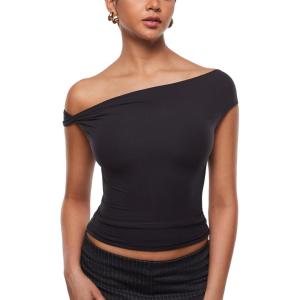 imageINLYRIC Womens Inbarely Soft Off The Shoulder Tops Versatile Going Out Trendy Shirts Y2K Spring Summer OutfitsBlack