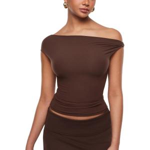 imageINLYRIC Womens Inbarely Soft Off The Shoulder Tops Versatile Going Out Trendy Shirts Y2K Spring Summer OutfitsHazelnut