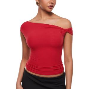 imageINLYRIC Womens Inbarely Soft Off The Shoulder Tops Versatile Going Out Trendy Shirts Y2K Spring Summer OutfitsLipstick Red