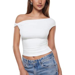imageINLYRIC Womens Inbarely Soft Off The Shoulder Tops Versatile Going Out Trendy Shirts Y2K Spring Summer OutfitsSnow White