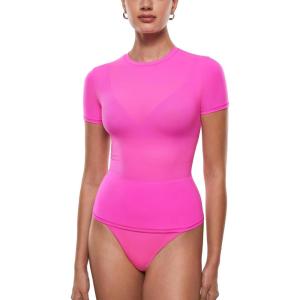 imageINLYRIC Womens Inbarely Soft Short Sleeve Tops Crew Neck Summer Going Out Tees Basic Slim Fitted Breathable TShirtGlitter Rose  See Through