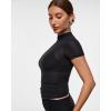 imageINLYRIC Womens Cosnufy Mesh Sheer Short Sleeve Shirts See Through Mock Neck Ruched Summer Going Out Tops Sexy TeesBlack