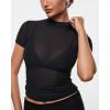 imageINLYRIC Womens Cosnufy Mesh Sheer Short Sleeve Shirts See Through Mock Neck Ruched Summer Going Out Tops Sexy TeesBlack