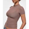 imageINLYRIC Womens Cosnufy Mesh Sheer Short Sleeve Shirts See Through Mock Neck Ruched Summer Going Out Tops Sexy TeesBrown Purple
