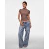 imageINLYRIC Womens Cosnufy Mesh Sheer Short Sleeve Shirts See Through Mock Neck Ruched Summer Going Out Tops Sexy TeesBrown Purple
