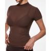 imageINLYRIC Womens Cosnufy Mesh Sheer Short Sleeve Shirts See Through Mock Neck Ruched Summer Going Out Tops Sexy TeesHazelnut