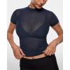 imageINLYRIC Womens Cosnufy Mesh Sheer Short Sleeve Shirts See Through Mock Neck Ruched Summer Going Out Tops Sexy TeesTwilight Blue