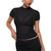 imageINLYRIC Womens Cosnufy Mesh Sheer Short Sleeve Shirts See Through Mock Neck Ruched Summer Going Out Tops Sexy TeesBlack