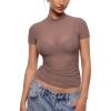 imageINLYRIC Womens Cosnufy Mesh Sheer Short Sleeve Shirts See Through Mock Neck Ruched Summer Going Out Tops Sexy TeesBrown Purple