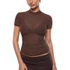 imageINLYRIC Womens Cosnufy Mesh Sheer Short Sleeve Shirts See Through Mock Neck Ruched Summer Going Out Tops Sexy TeesHazelnut