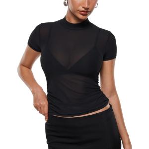 imageINLYRIC Womens Cosnufy Mesh Sheer Short Sleeve Shirts See Through Mock Neck Ruched Summer Going Out Tops Sexy TeesBlack
