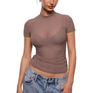 imageINLYRIC Womens Cosnufy Mesh Sheer Short Sleeve Shirts See Through Mock Neck Ruched Summer Going Out Tops Sexy TeesBrown Purple