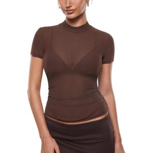 imageINLYRIC Womens Cosnufy Mesh Sheer Short Sleeve Shirts See Through Mock Neck Ruched Summer Going Out Tops Sexy TeesHazelnut