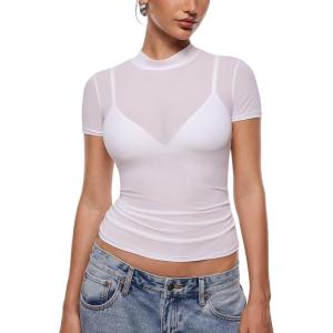 imageINLYRIC Womens Cosnufy Mesh Sheer Short Sleeve Shirts See Through Mock Neck Ruched Summer Going Out Tops Sexy TeesSnow White