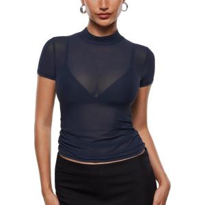 imageINLYRIC Womens Cosnufy Mesh Sheer Short Sleeve Shirts See Through Mock Neck Ruched Summer Going Out Tops Sexy TeesTwilight Blue